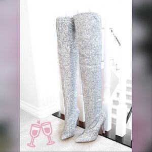 Wild Diva glitter stretch over knee High boots metallic silver